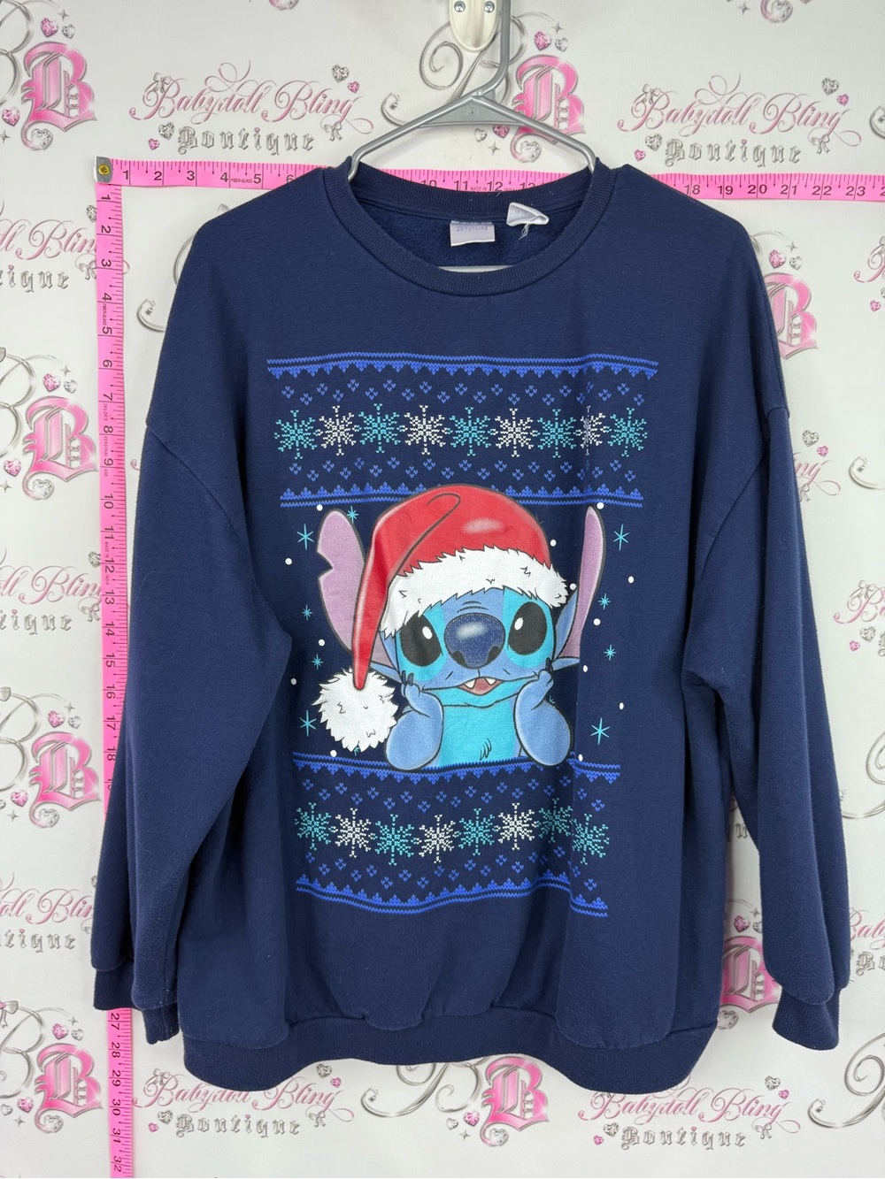 Disney Navy Blue Stitch Christmas Sweatshirt with Red Santa Hat